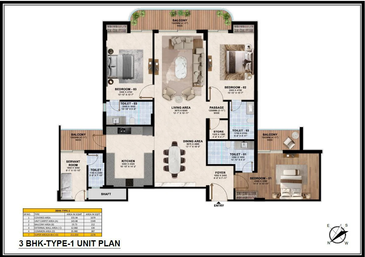 Rohit Avenue 3 BHK type 1 floor plan from brochure